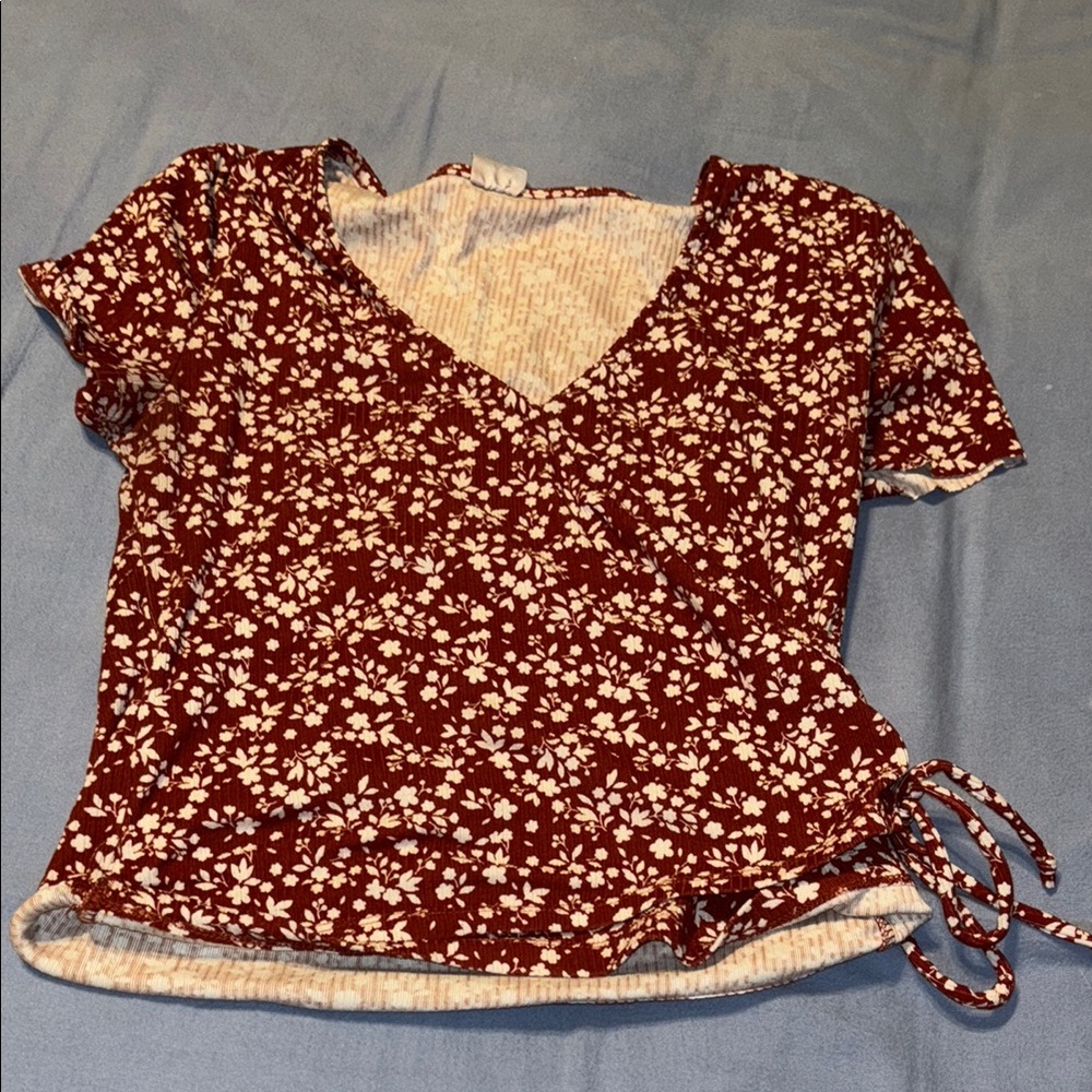 Floral Wrap Top - Red and White